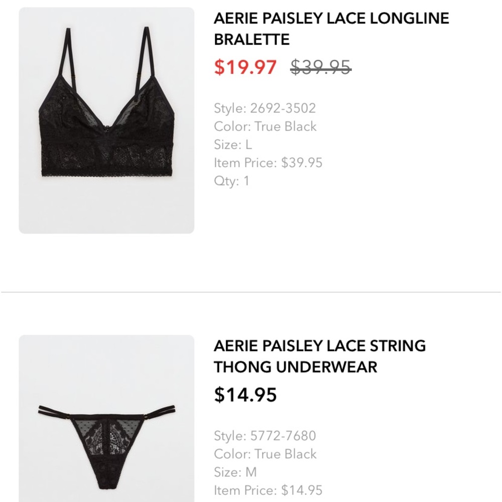Aerie black paisley lace lingerie bralette and thong set